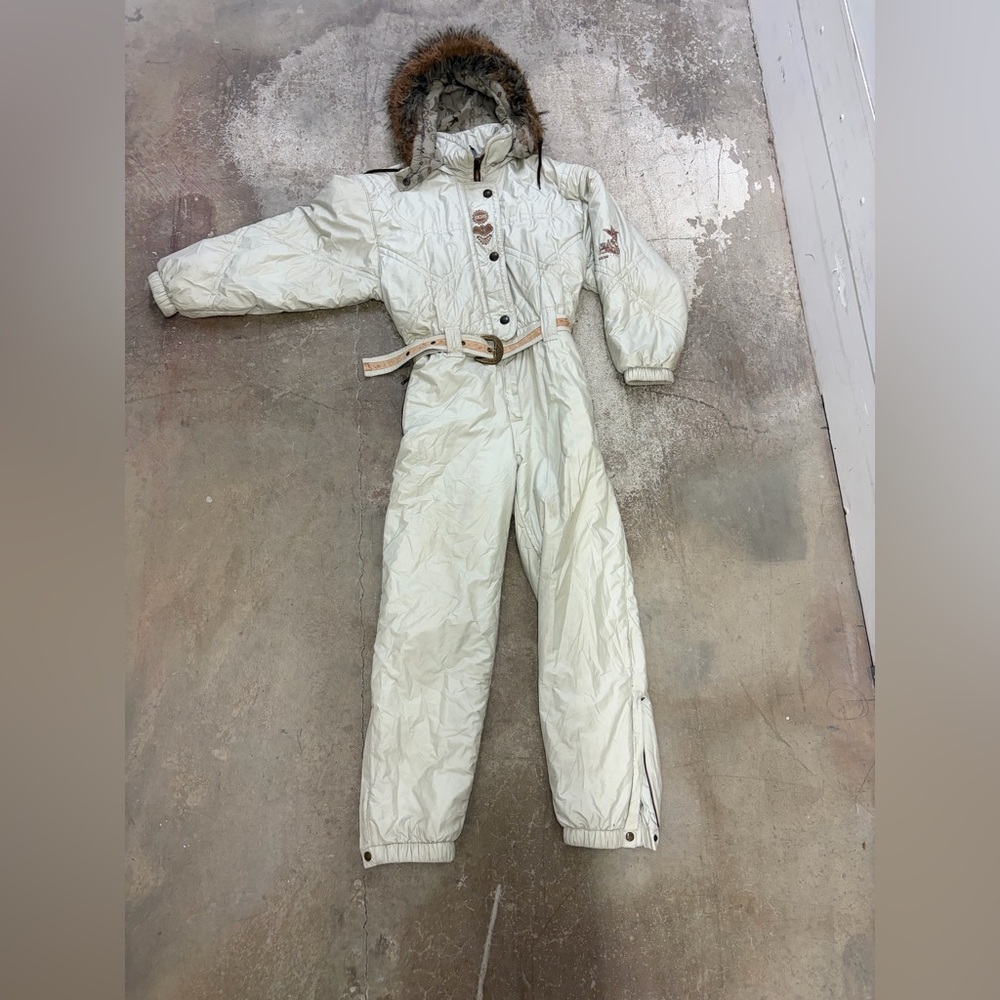 Women's Ski One-Piece Snowsuit with Faux-Fur Hood - Cream
